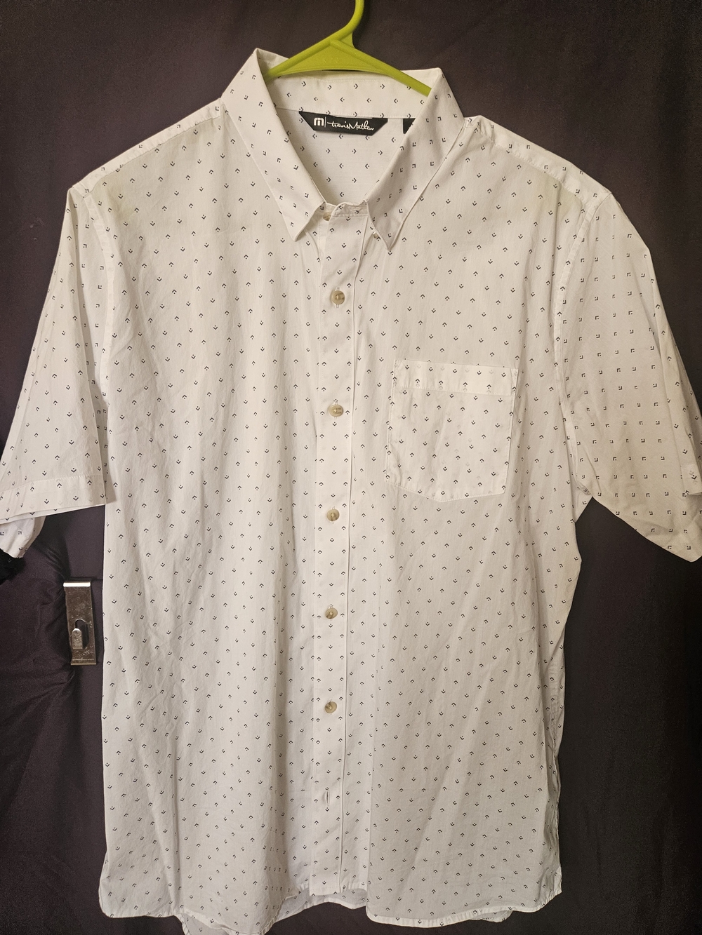 Travis Mathew White Short-Sleeve Button-Down with Tiny Navy Motif (NWOT)